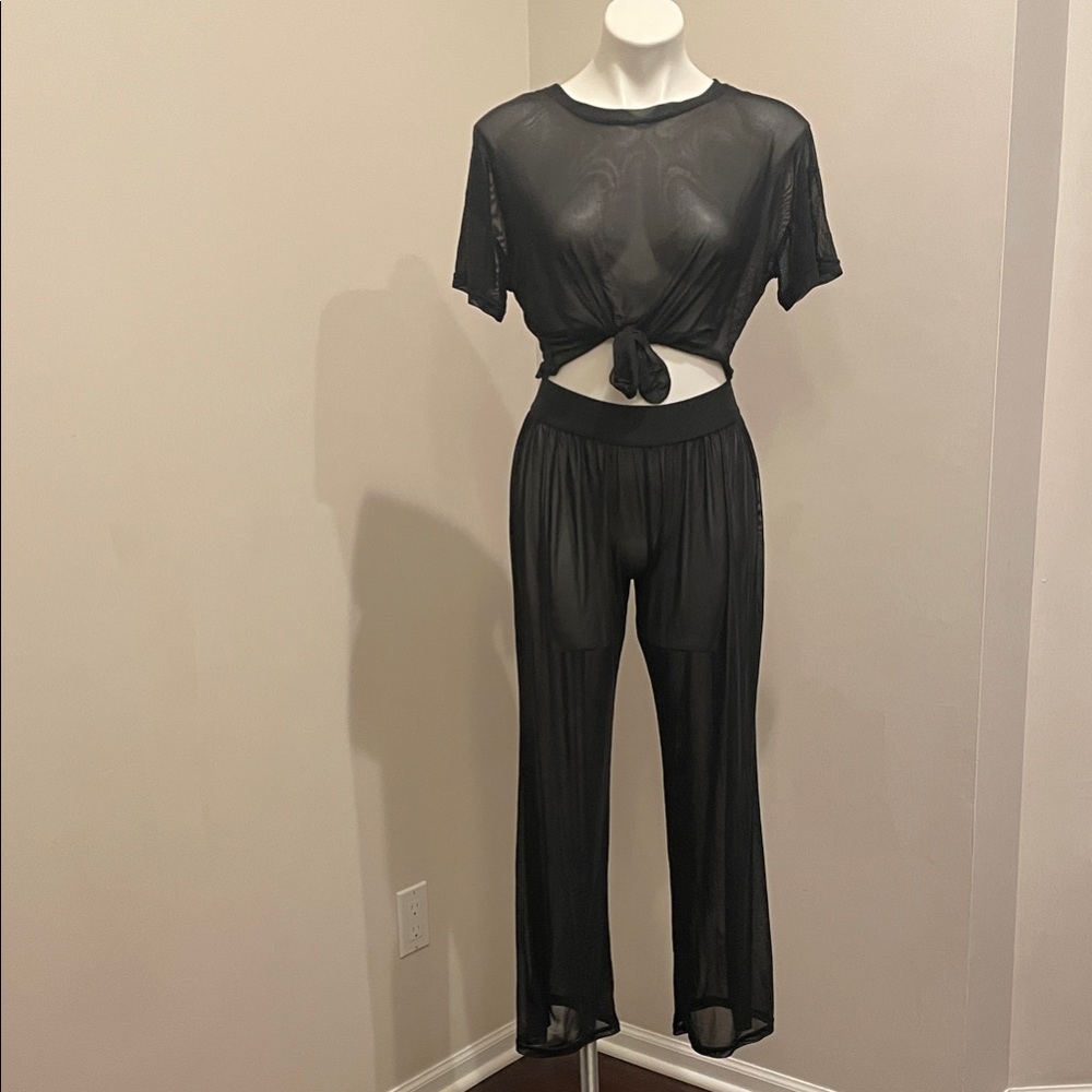 Sheer Black Tie-Front Swim Coverup Set - Beach to Pool